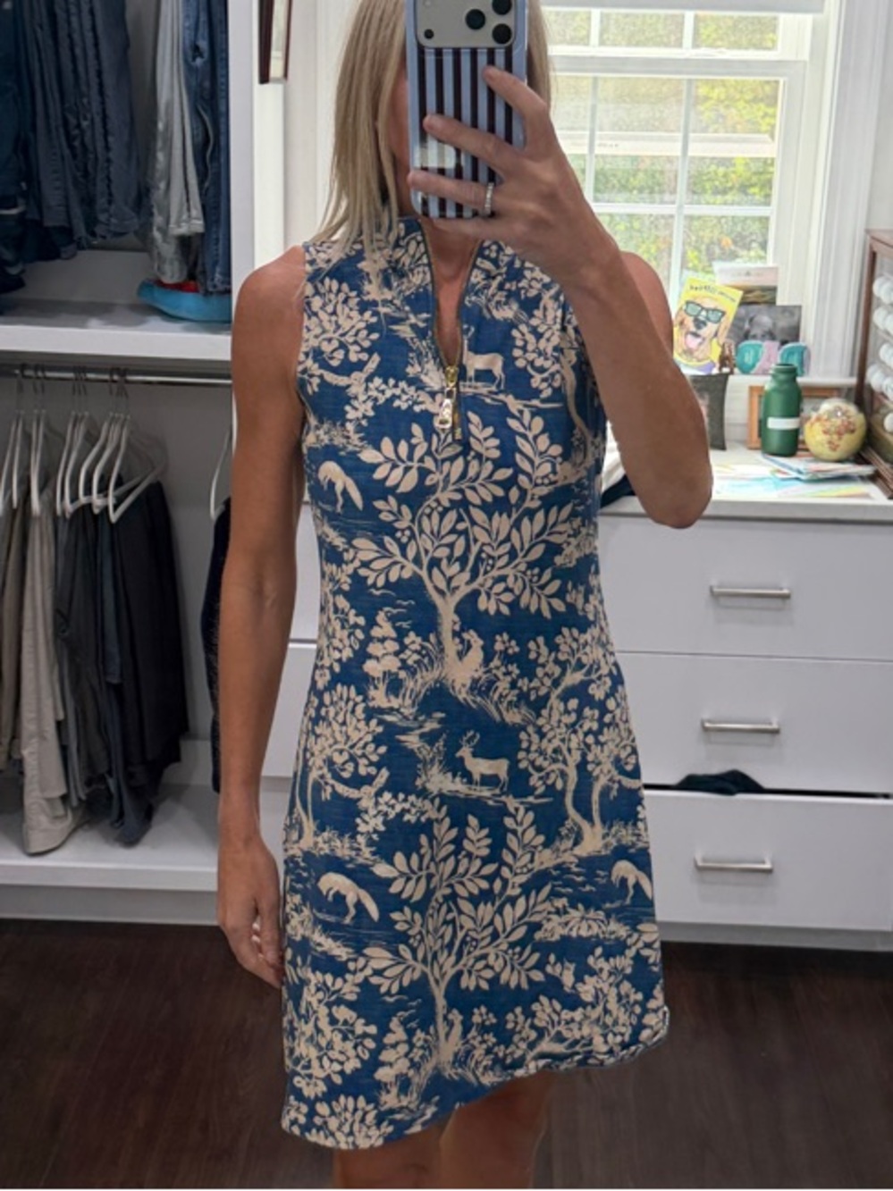 Spartina 449 Blue and Cream Sleeveless Zip-Front Shift Dress